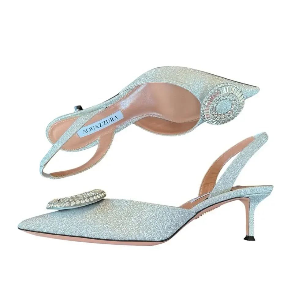 Aquazzura Crystal Hoop 50 Slingback Pumps Kitten Heel Silver NEW EU 37 US 7